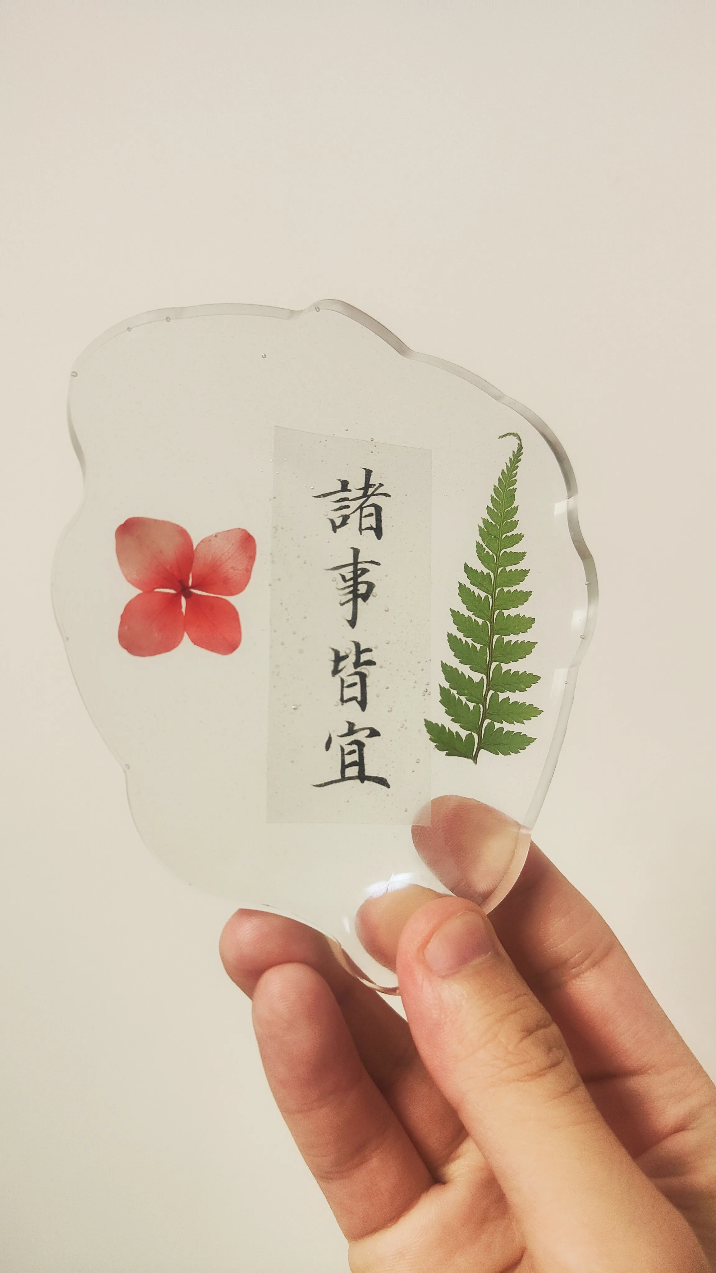 Chinese calligraphy with pressed flowers and leaves